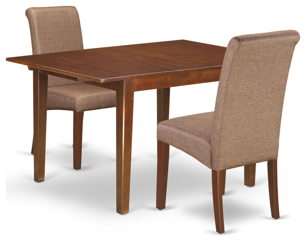 3Pc Kitchen Table, Linen Brown Fabric Parson Chairs, Mahogany Chair Legs