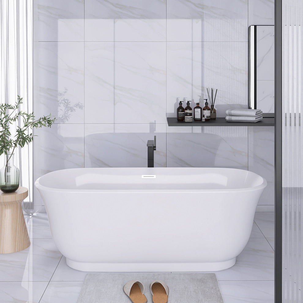 Acrylic Oval Freestanding Flatbottom Soaking Bathtub in Glossy White, 67"31"