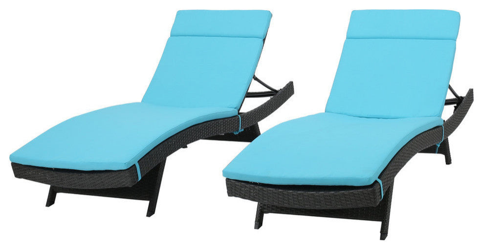 GDF Studio Nassau Outdoor Gray Wicker Chaise Lounge, Blue Cushions, Set of 2