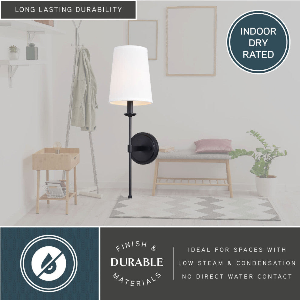 Camden 1 Light Matte Black Wall Sconce Fixture White Linen Fabric LED Compatible