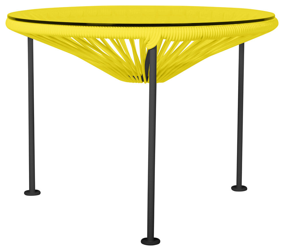 Zicatela Indoor/Outdoor Handmade Side Table, Yellow Weave, Black Frame