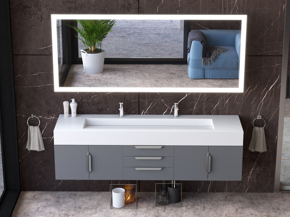 CastelloUSA Nile 72" Wall Mounted Bathroom Vanity Set, Gray, White Top, Chrome Handles