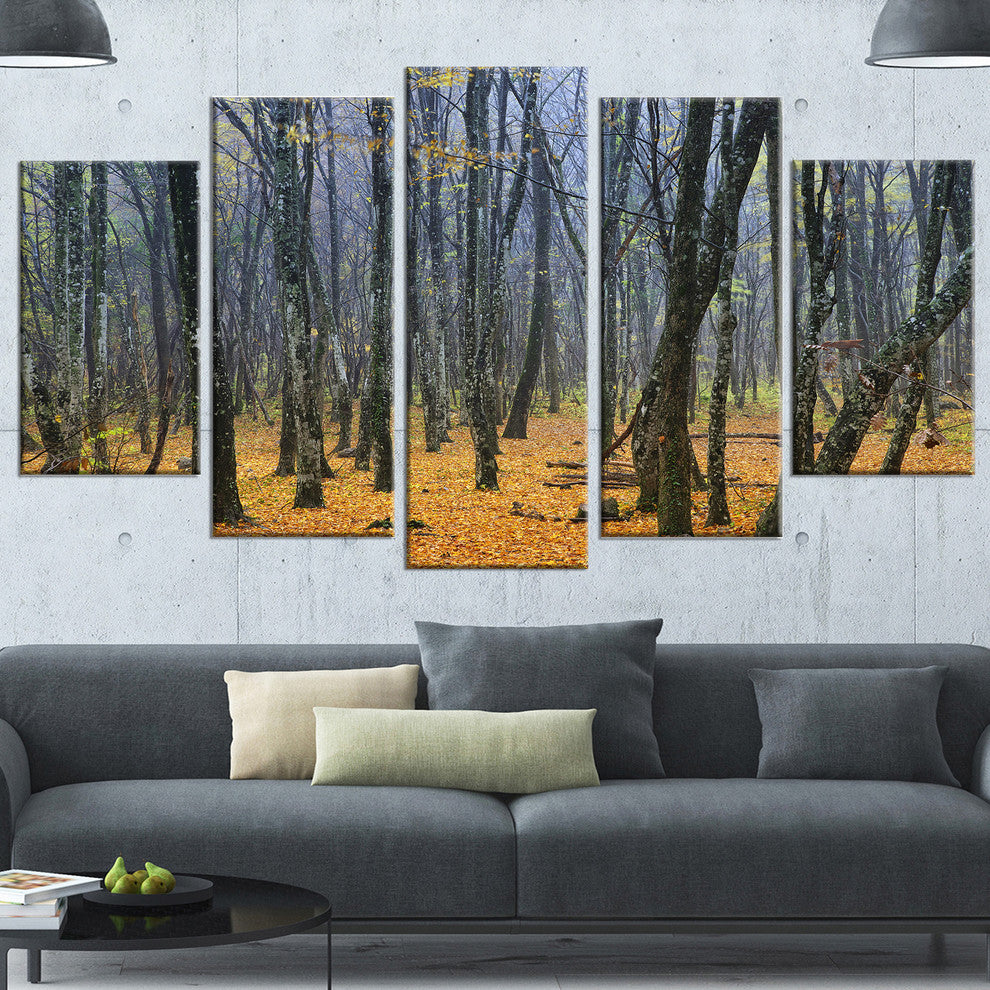 Dark Woods in Autumn Forest, Modern Forest Canvas Art, 60"x32", 5 Panels