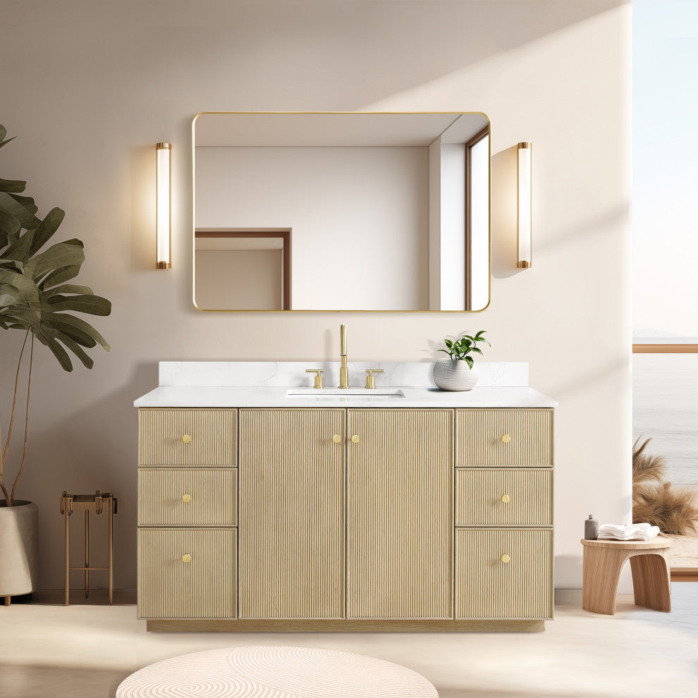Oza Bath Vanity with Quartz Stone Top, Aged Natural Oak, 60", Single Vanity, No Mirror