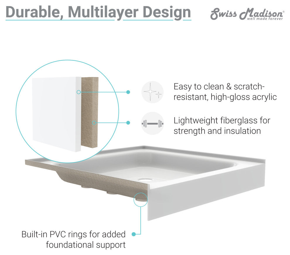 Voltaire 60"x32" Acrylic White, Single-Threshold, Center Drain, Shower Base