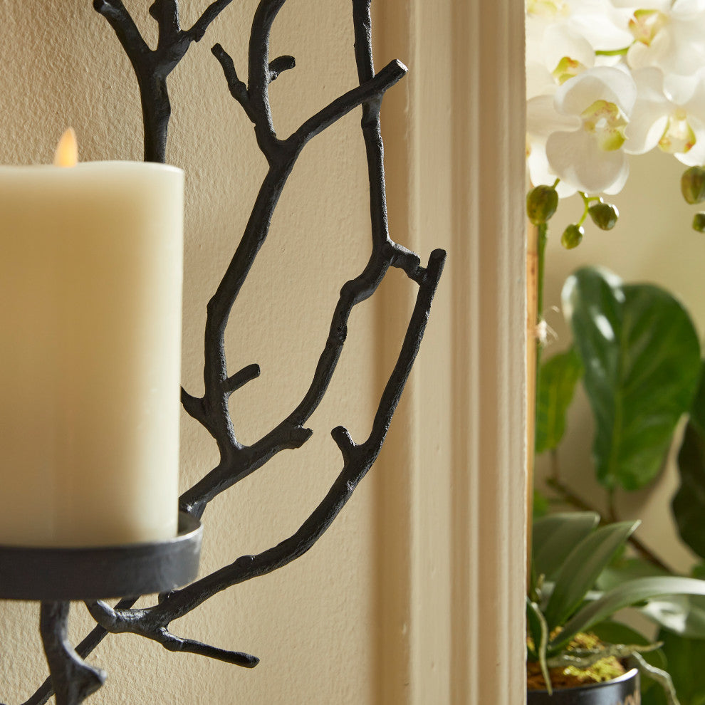 Elegant Black Metal Branch Wreath Candle Sconce Pillar Holder Twig Open Organic