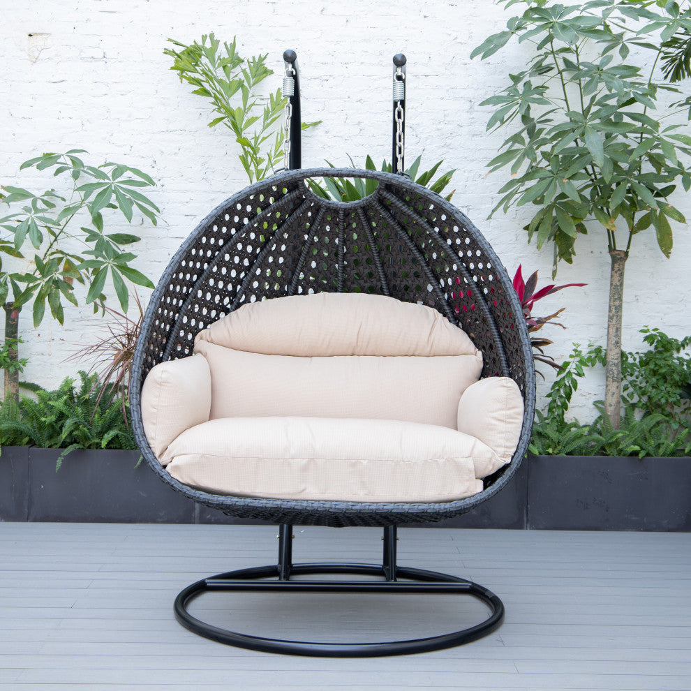 LeisureMod Mendoza Charcoal Wicker Hanging Double Egg Swing Chair, Beige