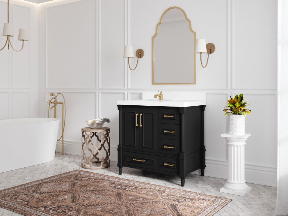 Aberdeen 36 Left Offset Bath Vanity in Black 2" Carrara Quartz
