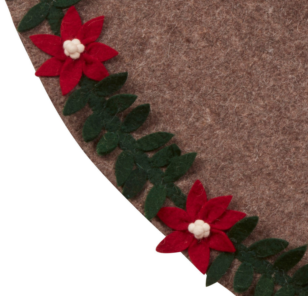 Handmade Felt Christmas Tree Skirt, Poinsettia Border on Gray, 60"