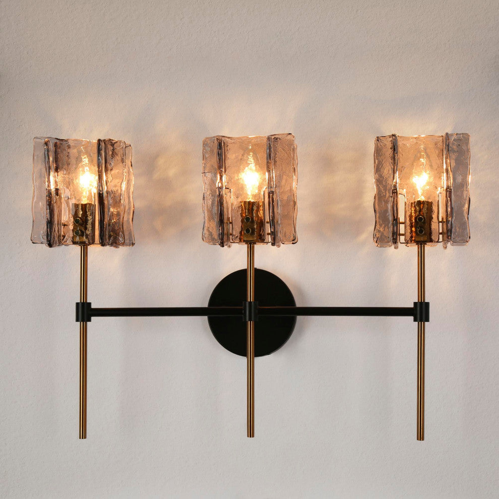 LNC Tucana Polished Gold and Matte Black Modern Wall Sconce, Textured Glass, 3 Lights