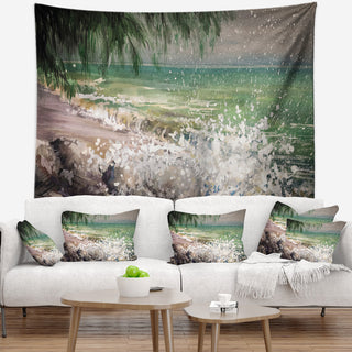 Rocky Seashore with White Waves Seashore Wall Tapestry, 39"x32"