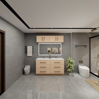 Victoria 60" Double Sink Solid Wood Vanity, Overhead Cabinet, Yellow Oak