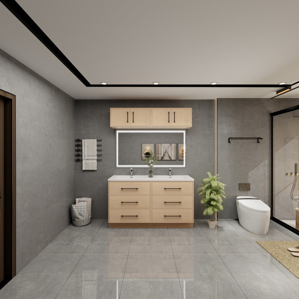 Victoria 60" Double Sink Solid Wood Vanity, Overhead Cabinet, Yellow Oak