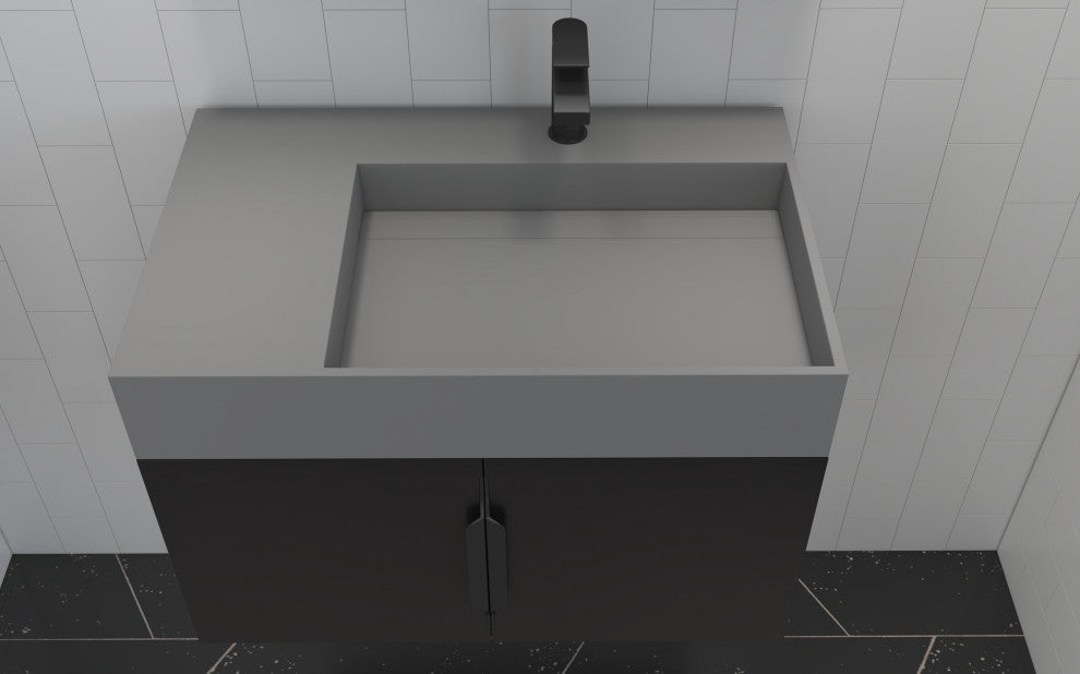 CastelloUSA Amazon 30" Right Wall Mounted Bathroom Vanity Set, Black, Gray Top, Black Handles