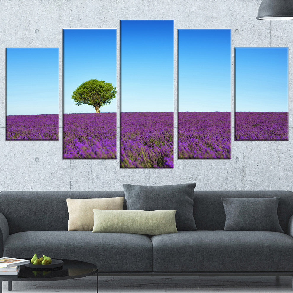 "Green Tree Among Lavender Flowers" Landscape Wall Art Print, 5 Panels, 60"x32"