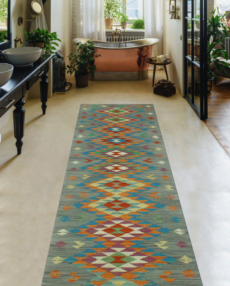 Sangat Kilim Arali Gray/Blue Runner, 2'8x9'10