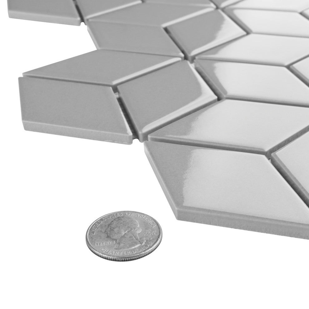 Metro Rhombus Mosaic Floor and Wall Tile, Glossy Light Gray