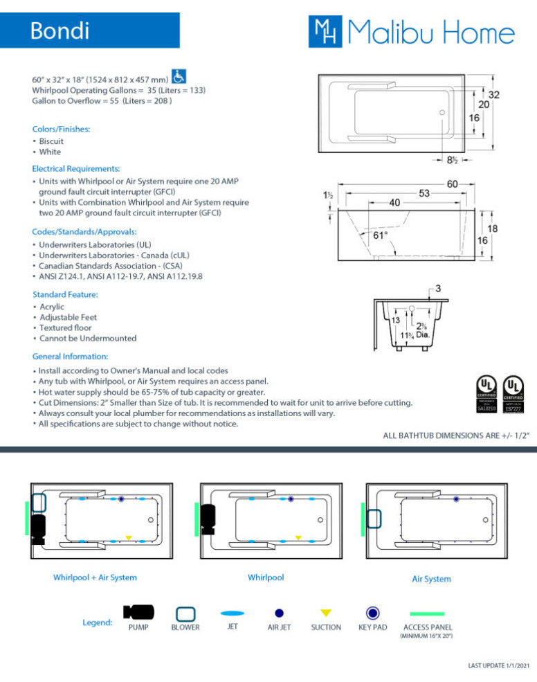 Malibu Bondi ADA Rectangle Bathtub White, 60"x32"x18" RH, Combination Whirlpool