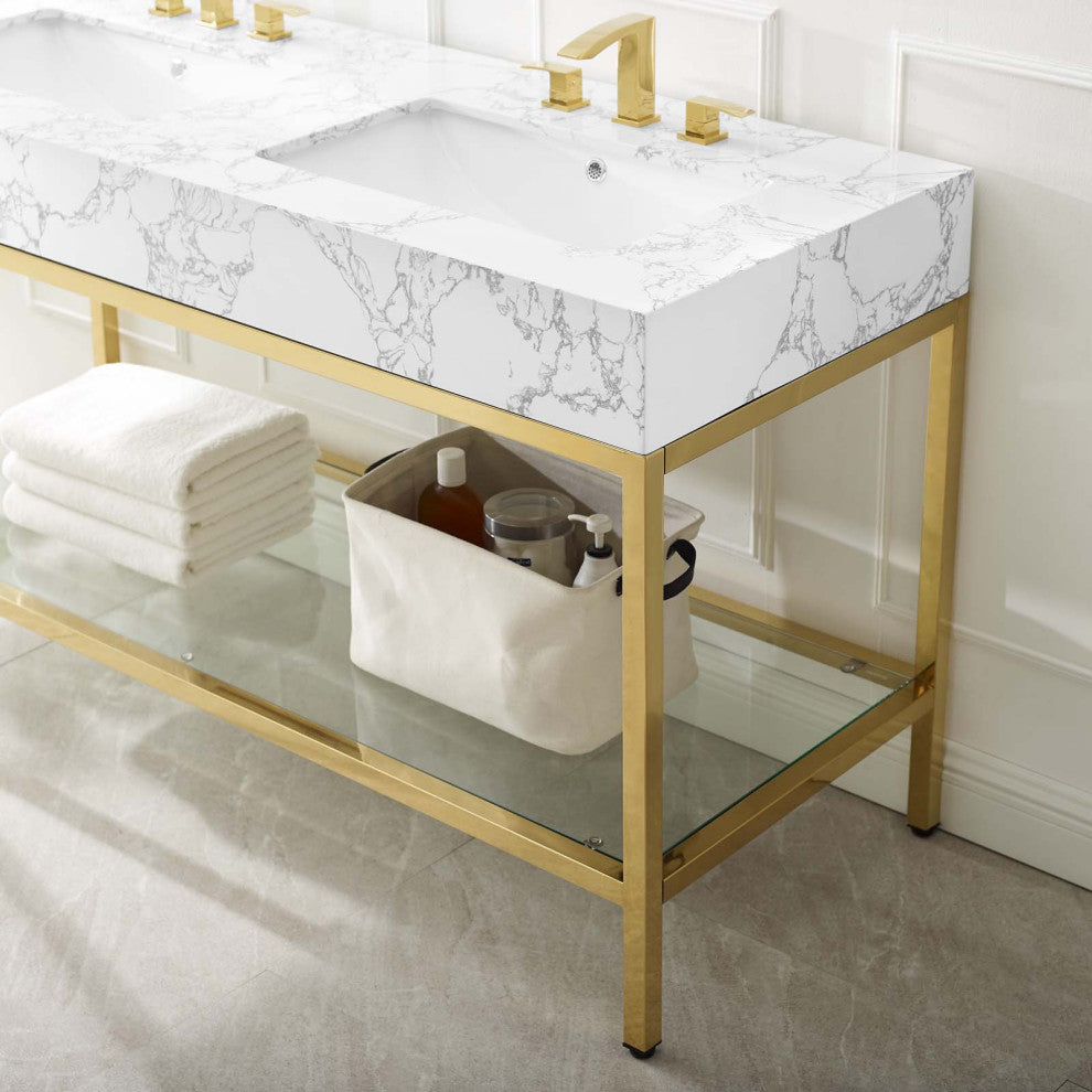 Sink Vanity Cabinet, Artificial Marble, Metal, Gold White, Modern, Bathroom