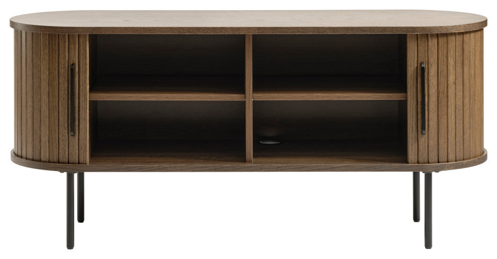 Mid-Century Modern Rounded Sliding Door TV Lowboard, Smoked Oak, 47"