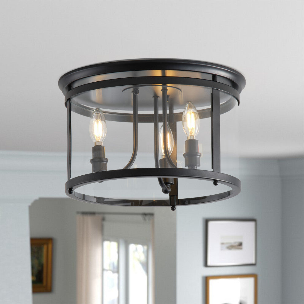 Matte Black 3-Light Candle Style Drum Shape Flush Mount Ceiling Lamp