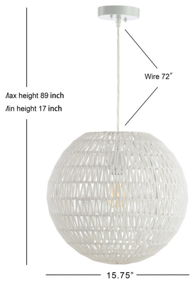 Luna 15.75" 1-Light Bohemian Modern Woven Rattan/Iron LED Pendant, White