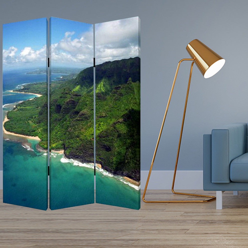 HomeRoots 1" x 48" x 72" Multi Color Wood Canvas Palm Tripical Screen