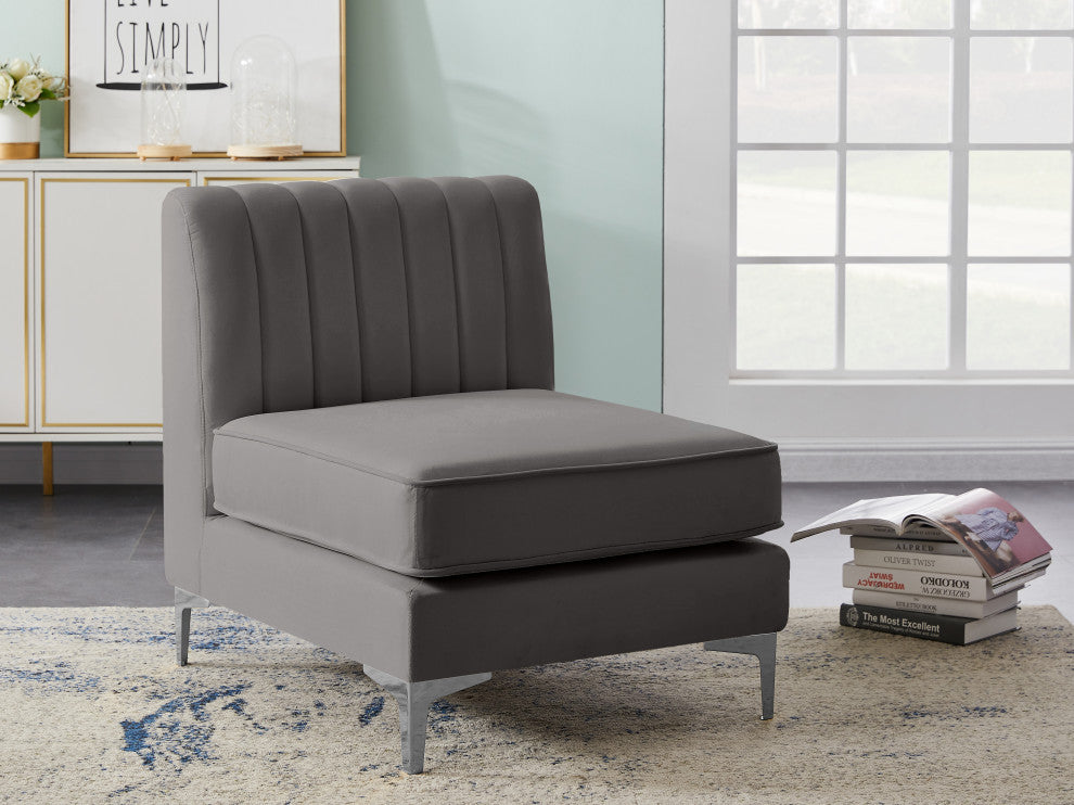 Alina Velvet Upholstered Modular Armless Chair, Grey