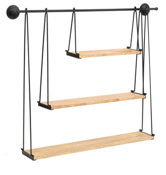 Luna Three Tier Wall Mounted Shelf, Black, Natural Wood
