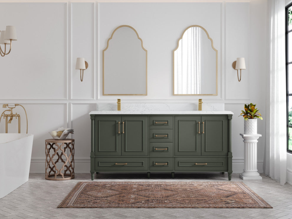 Aberdeen 72 Double Sink Bath Vanity Pewter Green 15" Cove Edge Empira Quartz