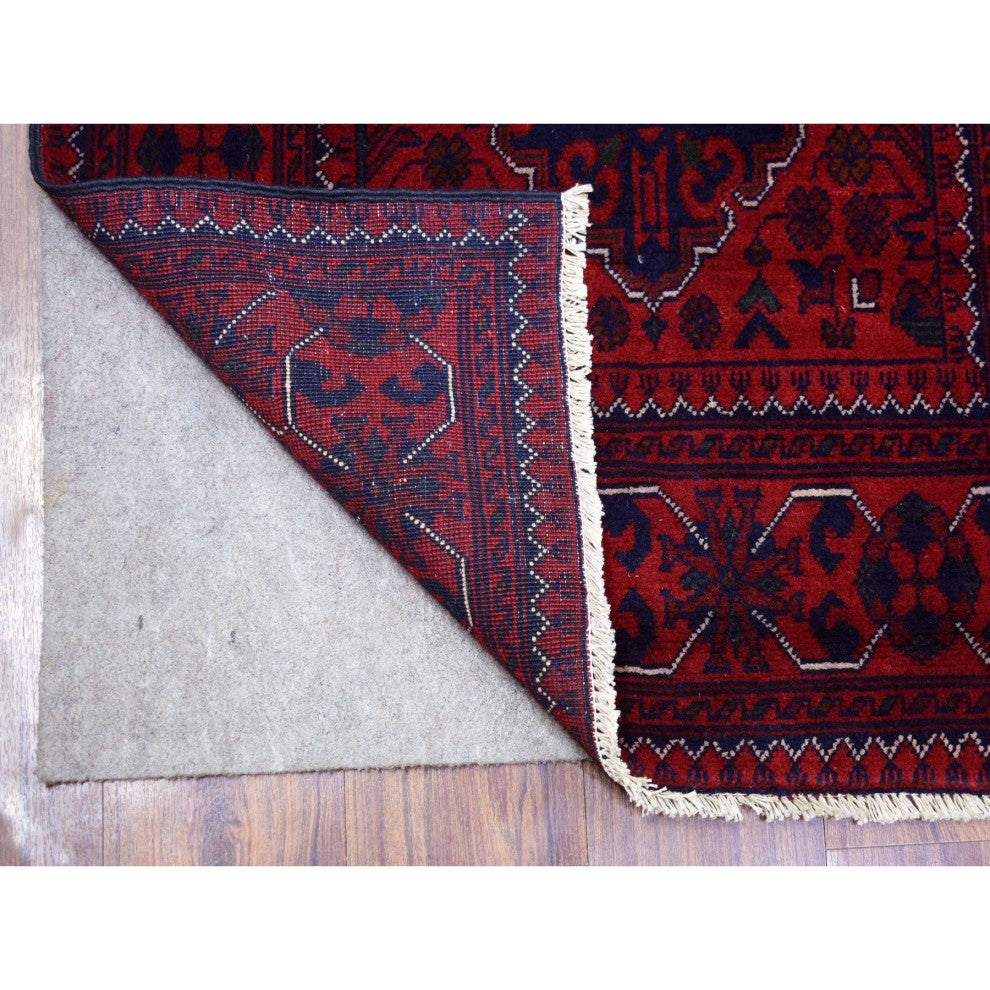 Red Tribal Design Hand Knotted Afghan Khamyab Wool Runner Oriental Rug 2'8"x9'7"
