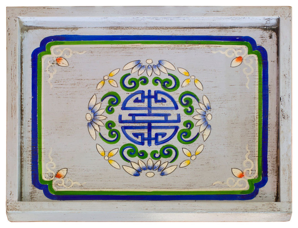 Hand Painted Elmwood Chinese Longevity Motif Tray