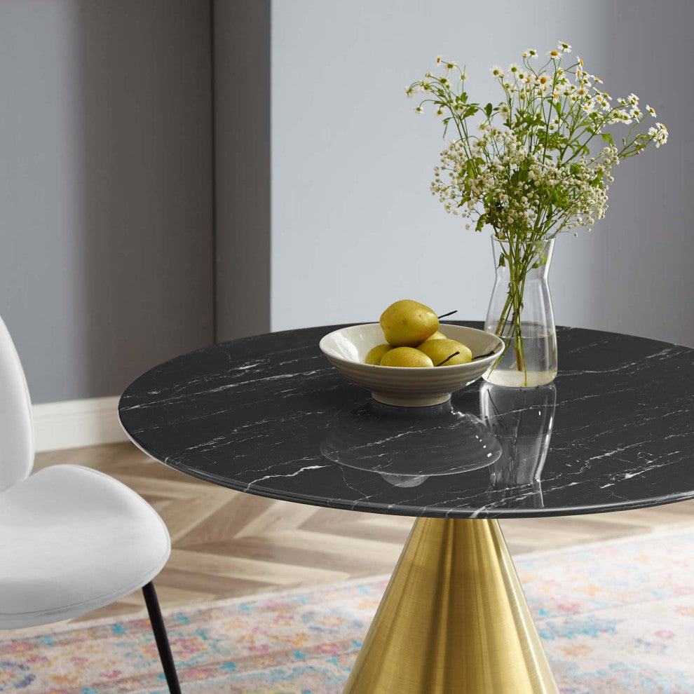 Dining Table, Round, Artificial Marble, Metal, Gold Black, Modern, Cafe Bistro