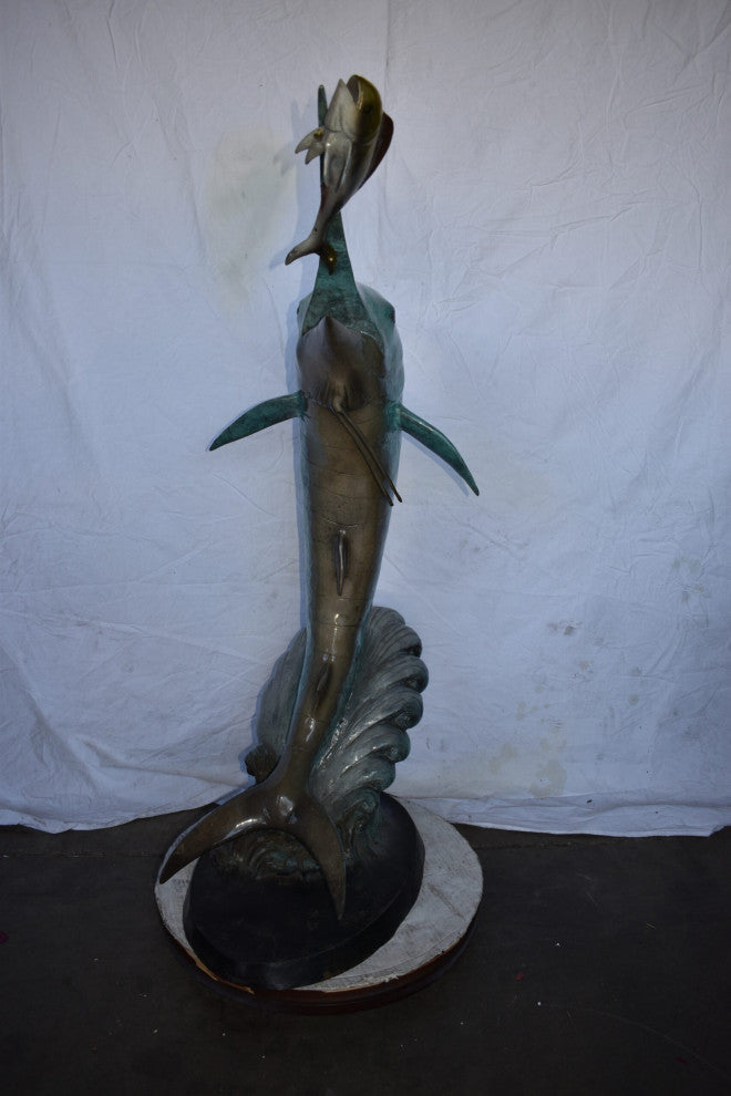 Marlin Fish Catching A Small Fish, Action Bronze Statue Size: 28" x 16" x 50