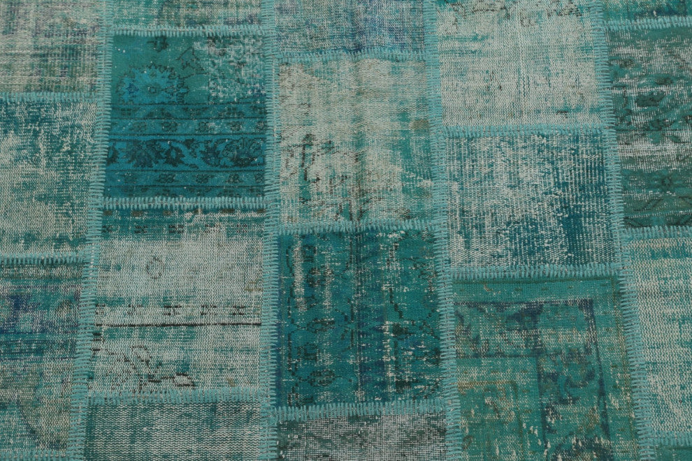 Green Over-dyed Patchwork Turkish Area Rug Hand-tufted Wool Carpet 7x10