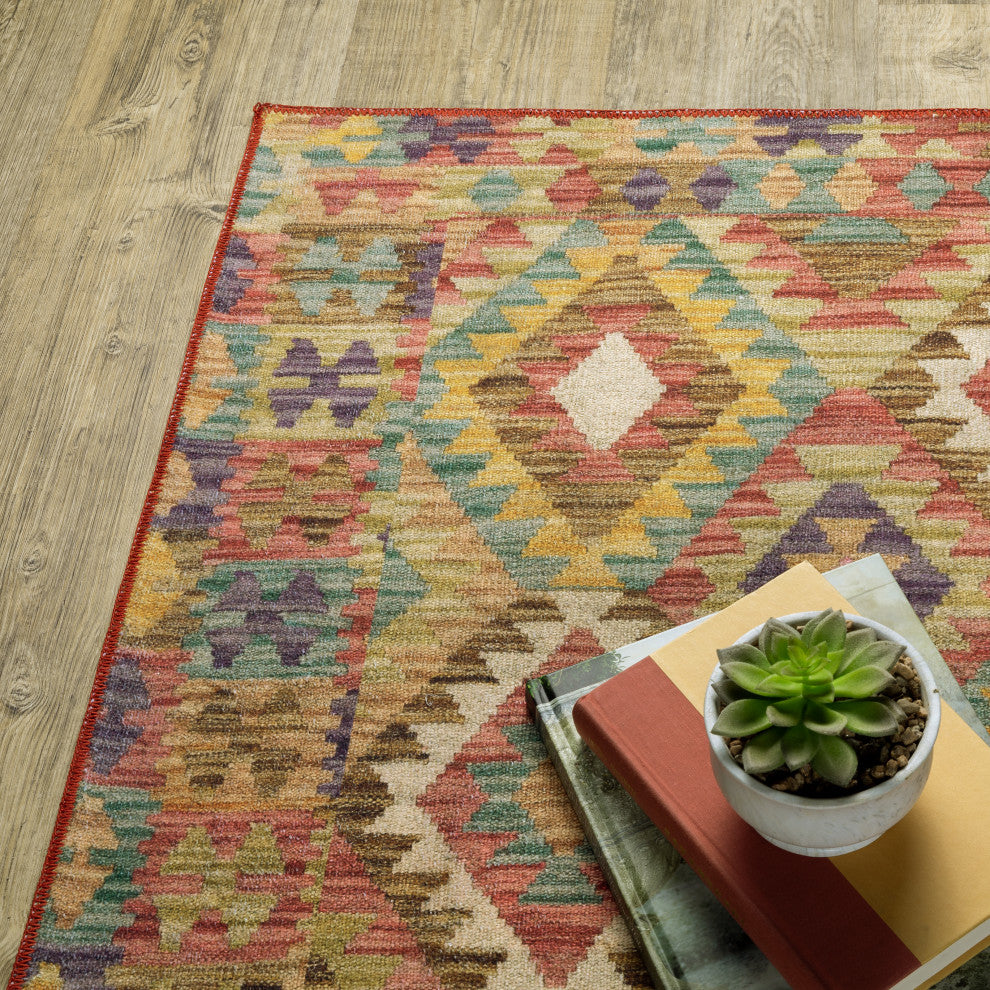 Michaela Machine Washable Geometric Tribal Gold/ Multi Area Rug, Gold, 2'x8'