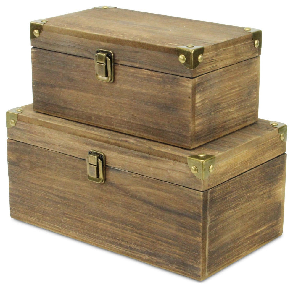 Set of 2 Brown Wood Box With Bronze Corner Accent