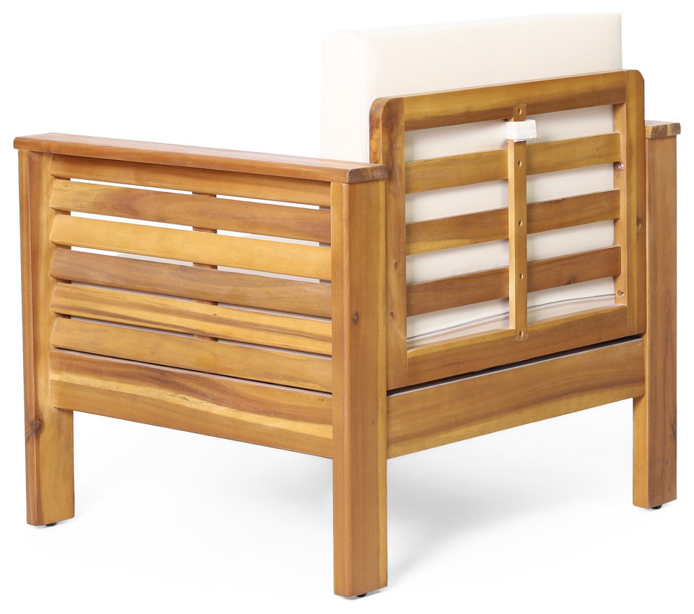 Rabun Outdoor Acacia Wood Club Chairs with Cushions, Teak + Cream, Single