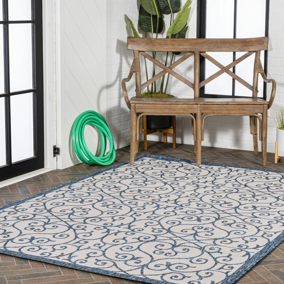 Madrid Vintage Filigree Textured Weave Indoor/Outdoor, Blue/Cream, 5 X 8