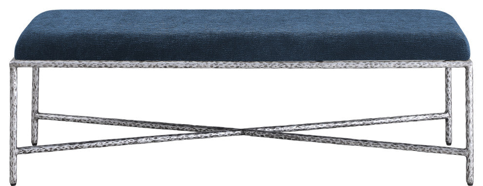 Valley Upholstered Bench, Navy, 54" W x 18" D, Silver, Chenille Fabric