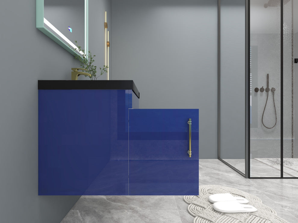 Rosa 30" Wall Mounted Modern Vanity, High Gloss Night Blue, Matt Black Top