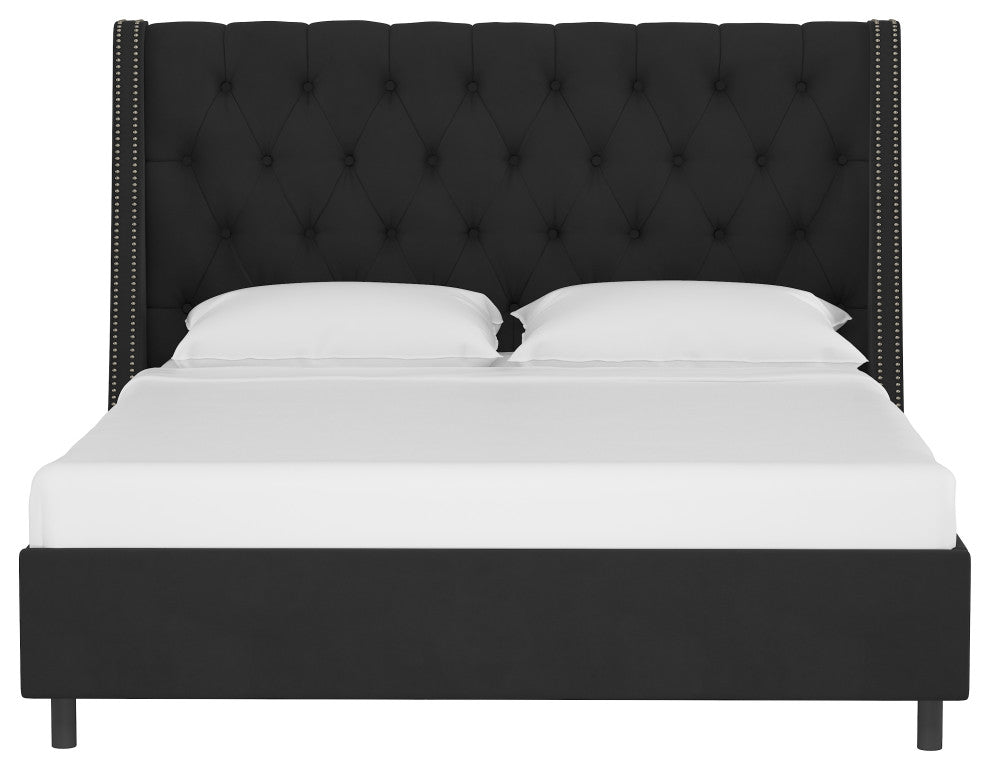 Williams California King Nail Button Diamond Wingback Platform Bed, Velvet Black