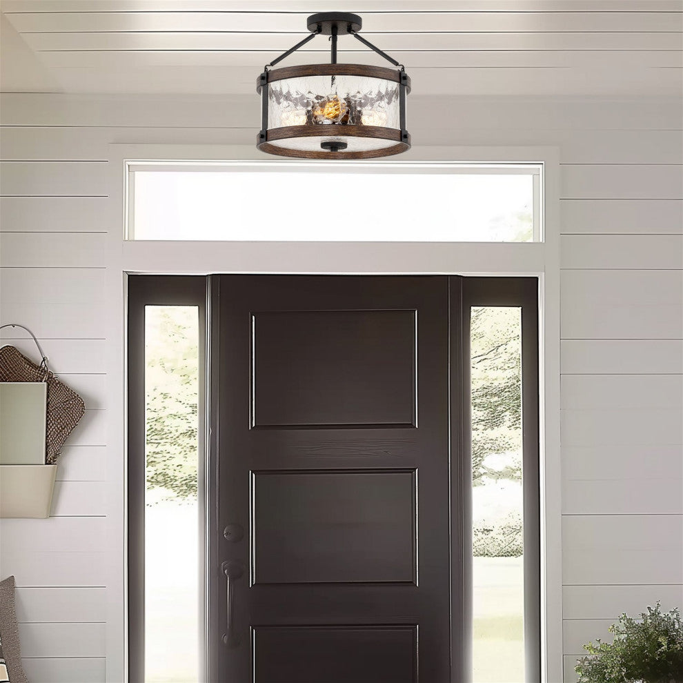 Kira Home Hadley 14" Farmhouse / Hall Light Ceiling, Crackled Glass Shade, Wood