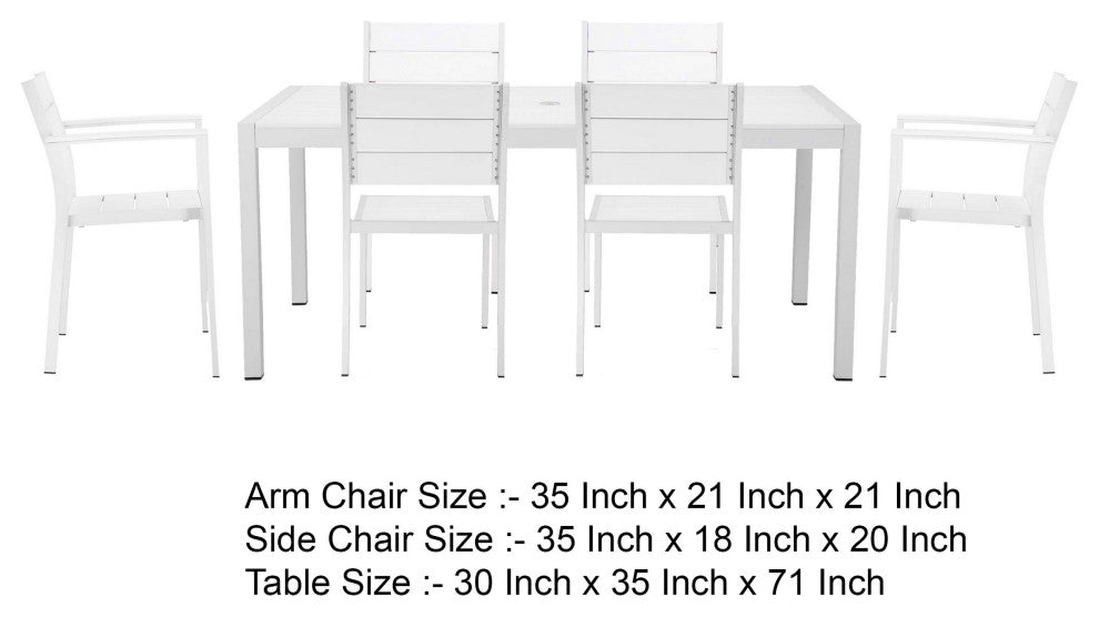 Benzara BM287839 Outdoor Dining Table, Chairs Set, White, Plank Seat and Backs