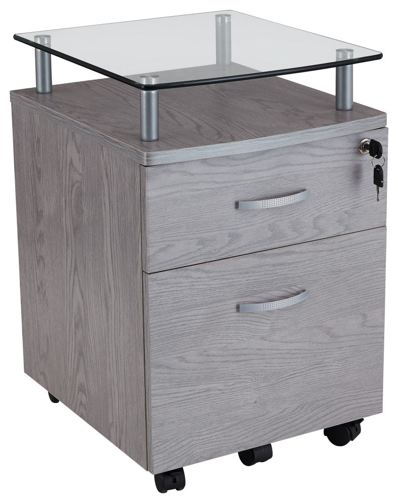 Techni Mobili Rolling File Cabinet with Glass Top, Grey
