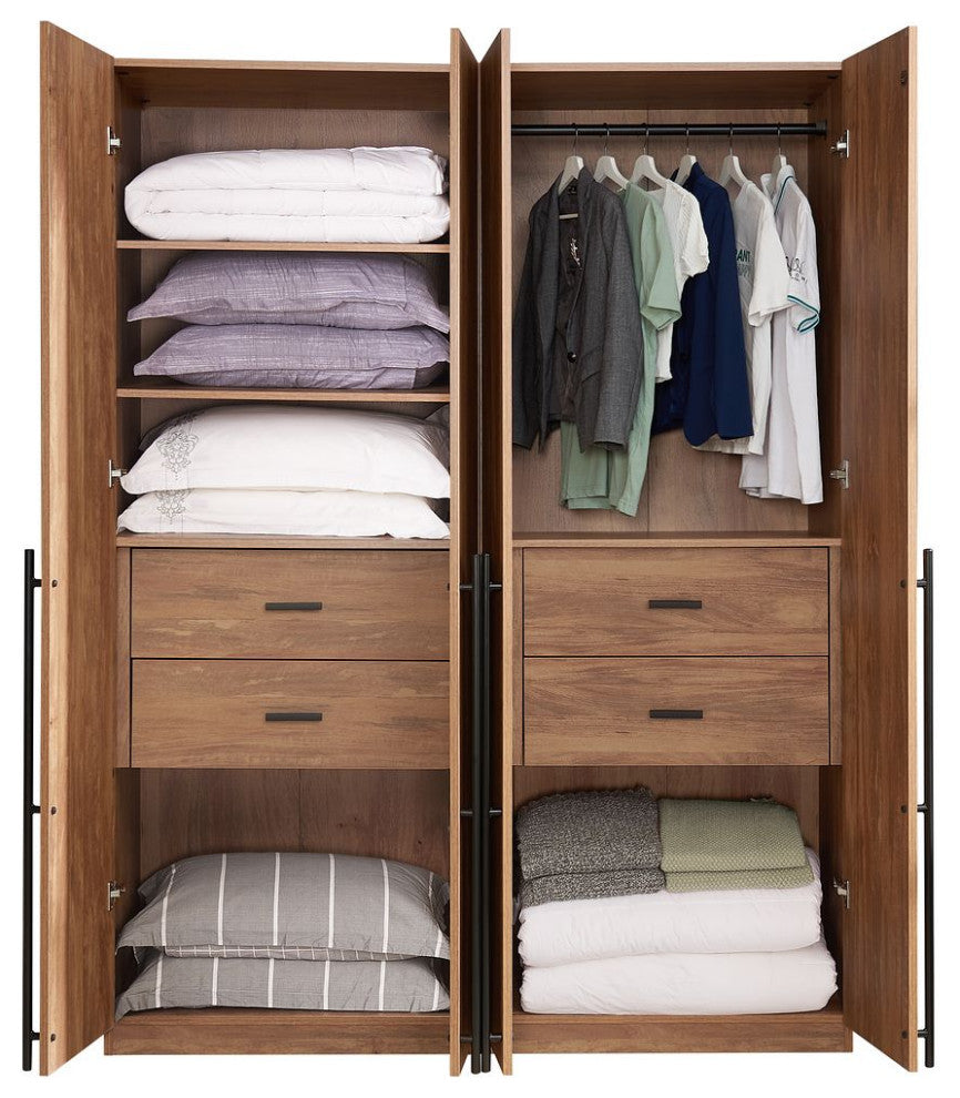 Lee Modern 2-Piece Wardrobe With 1 Rod, 4 Drawers & 5 Shelves, Golden Brown