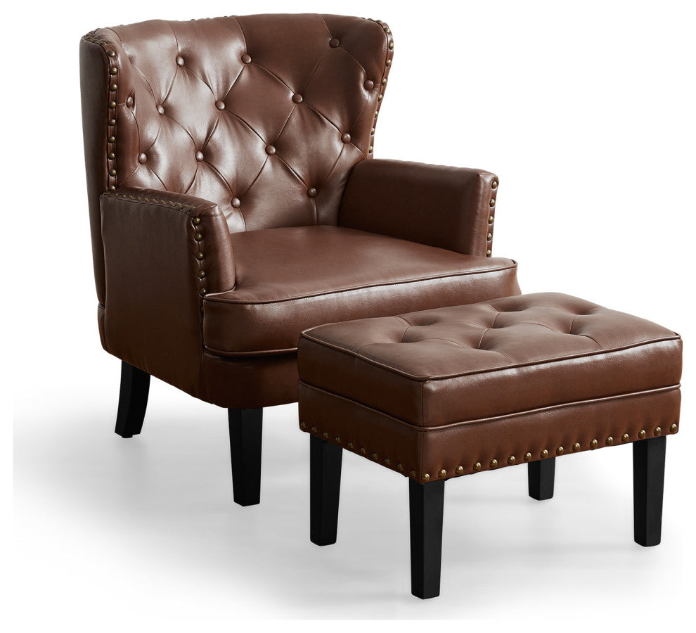 Set of 2 Accent Chair and Accent Stool, Coffee