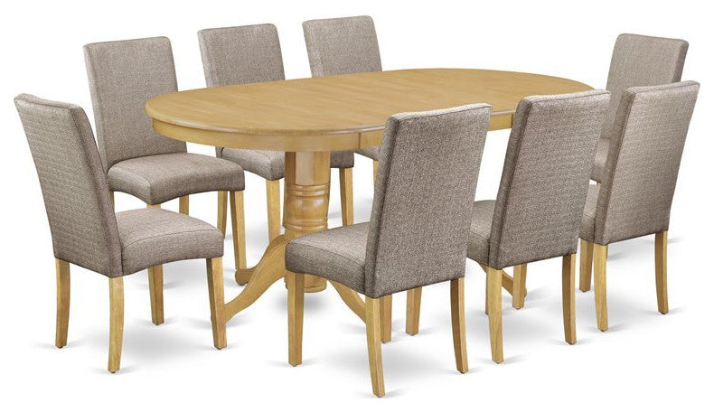 9-Piece Kitchen Set, Table With Leaf and 8-Chair Linen Fabric, Dark Khaki