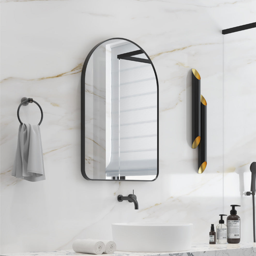 24"x36" Arched Bathroom Wall-mounted Mirror with Aluminum Frame, Matte Black