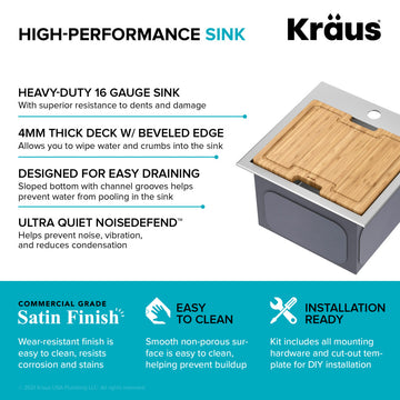Kraus KWT321-15 Kore 15" Drop In Single Basin Stainless Steel Bar - Stainless